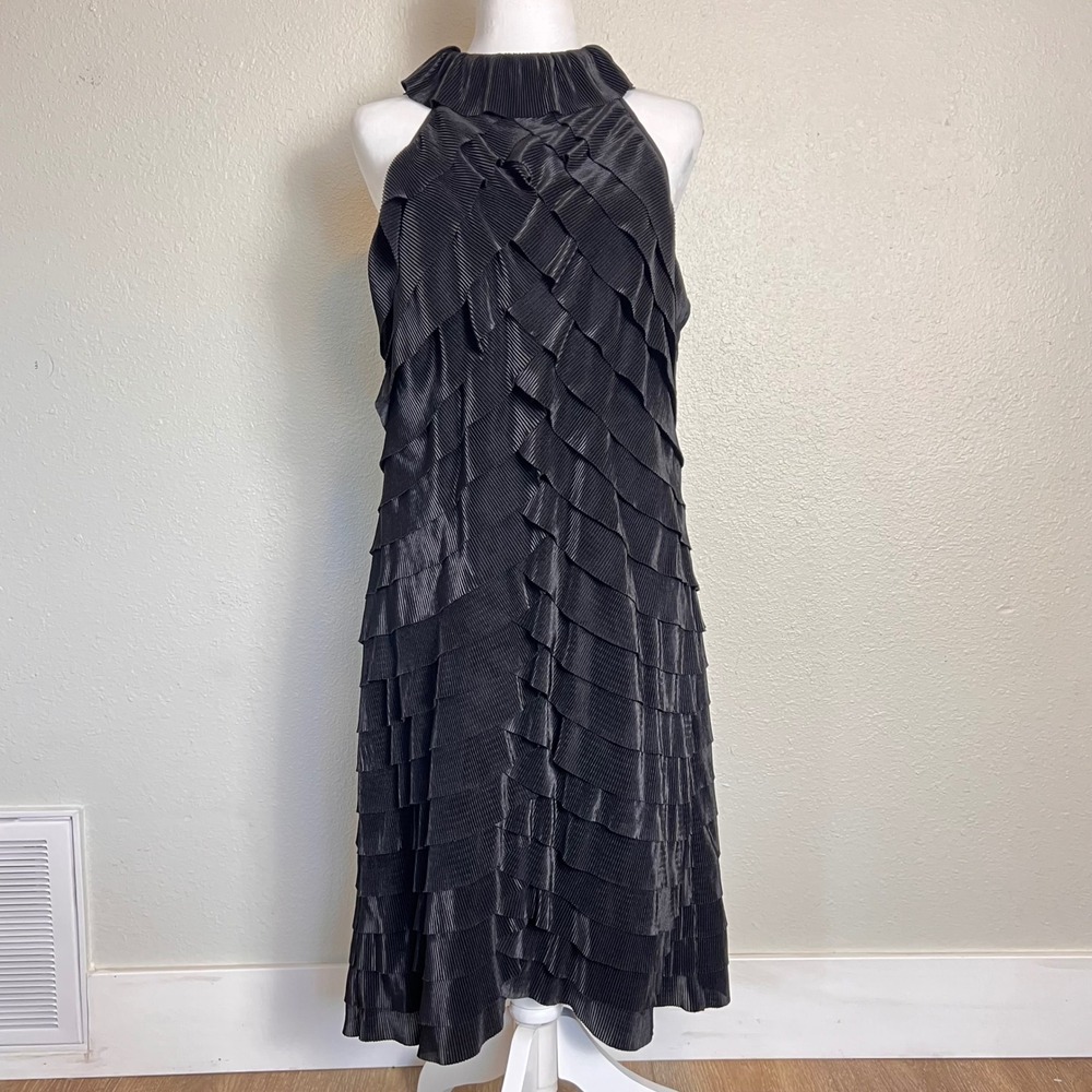 Samuel Dong Black Halter‎ Neck Tiered Pleated Midi Dress Size Medium